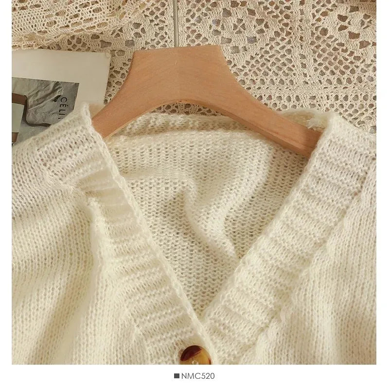 New Autumn Colourful Applique Flower Cardigan for Women Cute Long  V-neck Knit Crop Sweater Girl Soft Knitwear