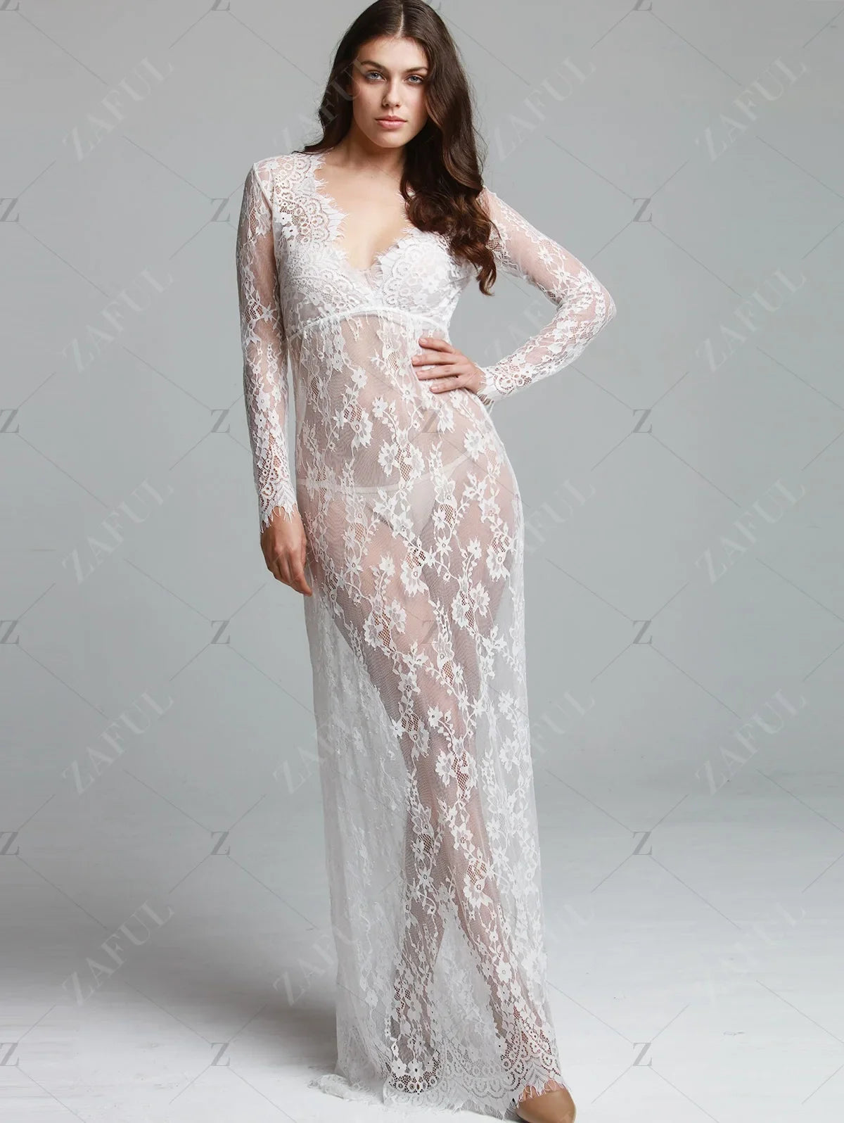 Sexy See Through Lace Long Dresses For Women Deep V-neck Solid Color Maxi Dress Fashion Streetwear Party Night Club Vestidos New