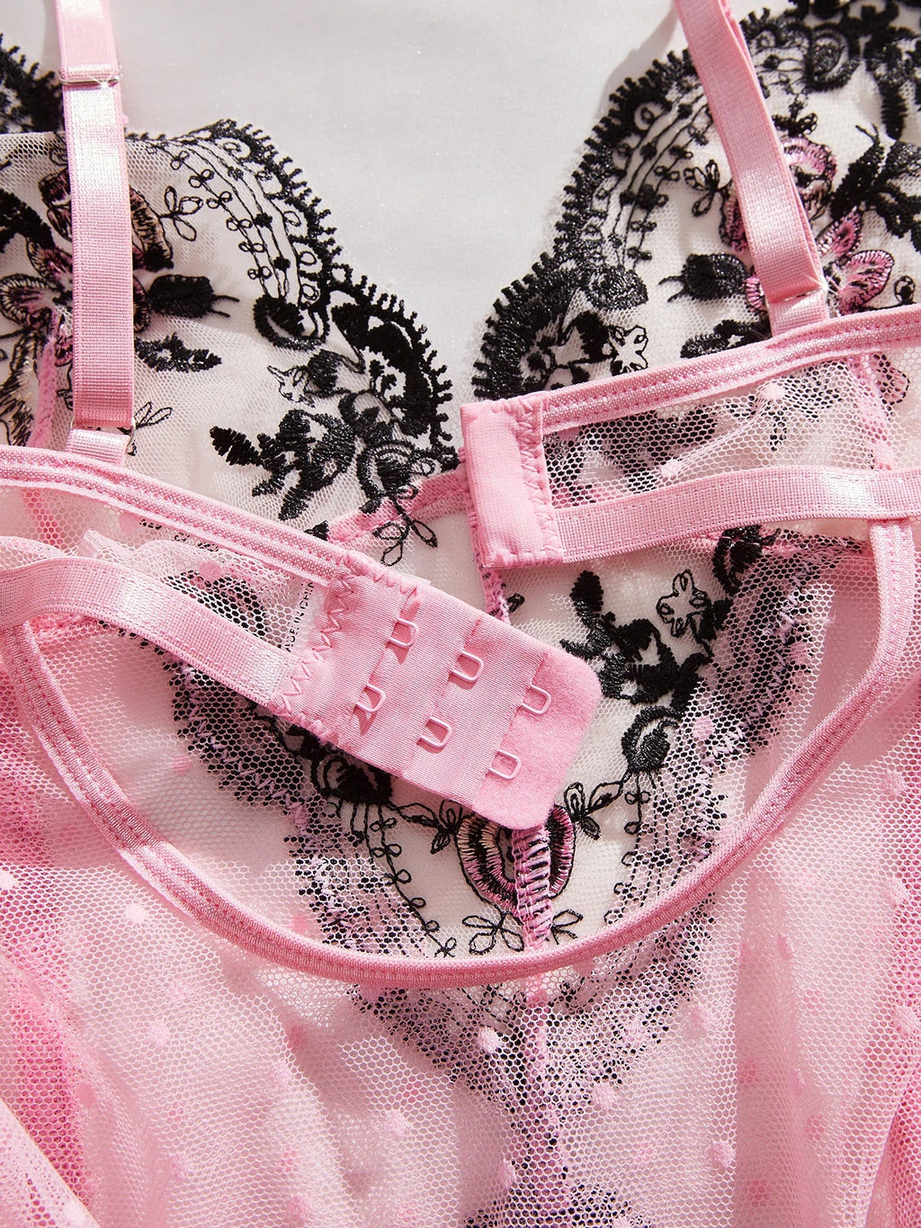 Pink Lace Embroidery Jumpsuit with Black Floral Lace Paneling High-Waist Triangle Pant Design Romantic French Sexy Underwear