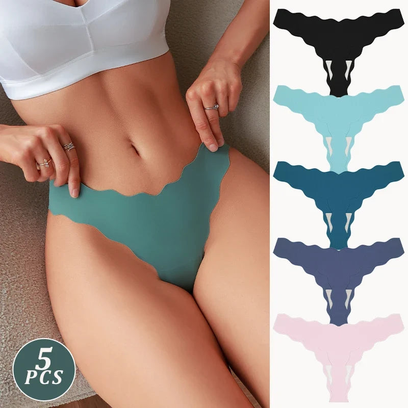 5Pcs Seamless Full-Body Fan-Shaped Wave Decorative Briefs Sexy Thongs Comfortable Breathable Stretch Underwear Women's Lingerie