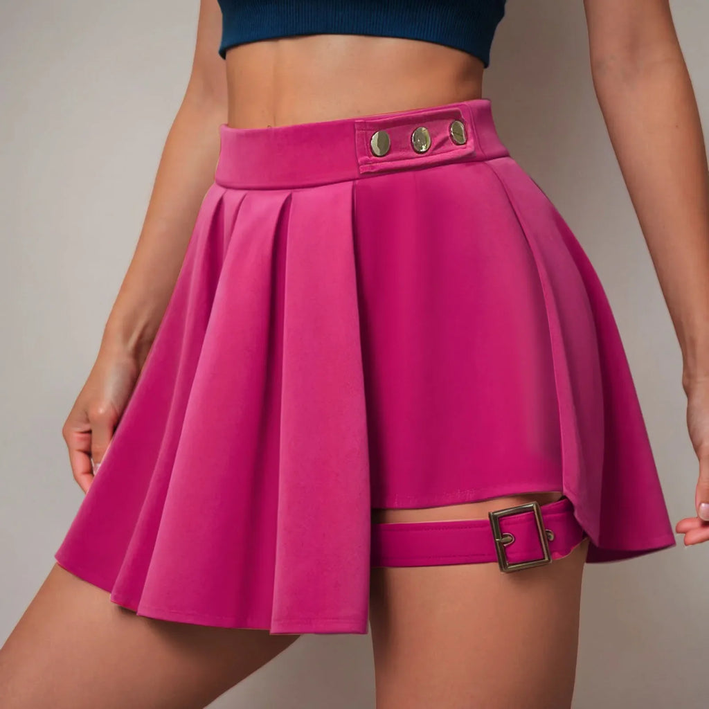 Harajuku Punk Gothic Hot Pink High Waist Mini Skirts Women Sexy Patchwork Bandage Pleated Skirt Harajuku Streetwear Ladies Skirt