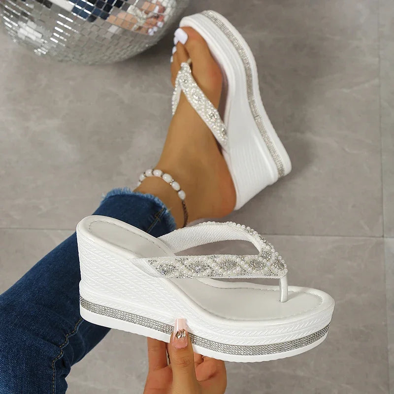 Fashion String Bead Wedges Slippers Women 2026 Summer Chunky Platform Beach Flip Flops Woman Clip Toe High Heeled Sandals 35-43