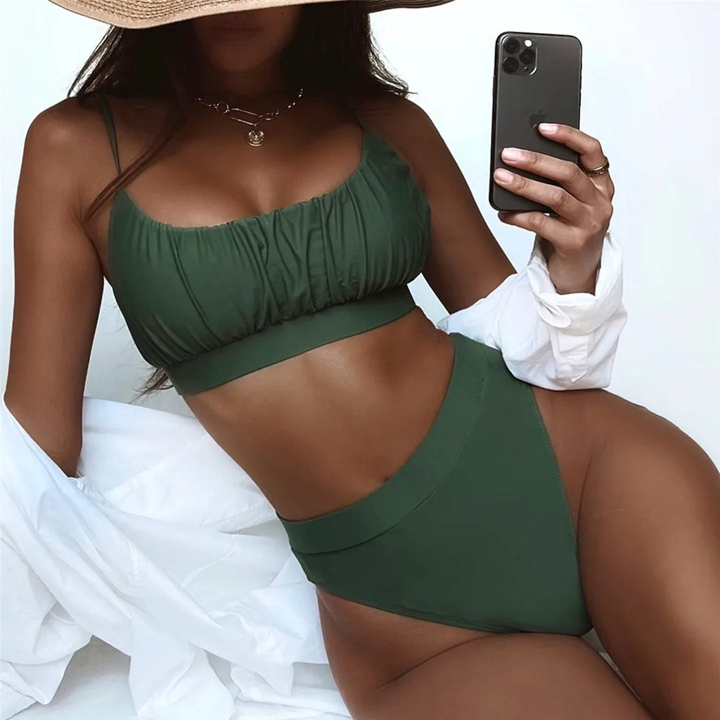 New Sexy Wrinkled Padded Female Swimsuit High Waist Bikini Women Swimwear Two-pieces Bikini Set Bather Bathing Suit Swim V3191