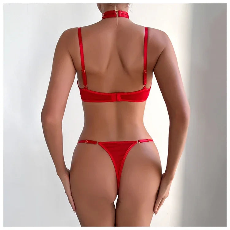 Toucheart 2-Piece Set Sexy Lingerie Women See-Through Halter Neck Comfortable Garter Socks Solid Color Hollow Out Underwear Set