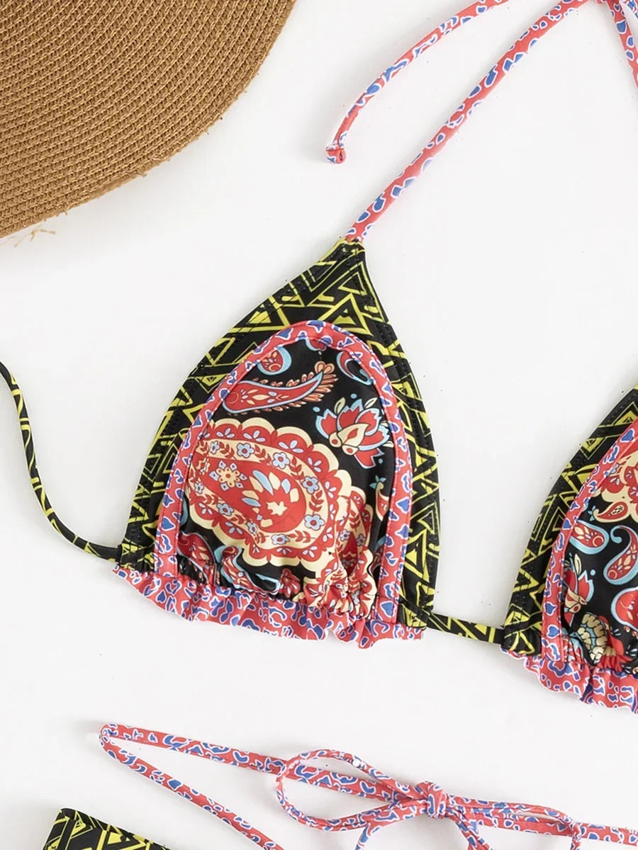 Floral Printed Halter Ruffled Frilled Bikini Women Swimwear Female Swimsuit Two-pieces Bikini set Thong Bathing Suit Swim Lady
