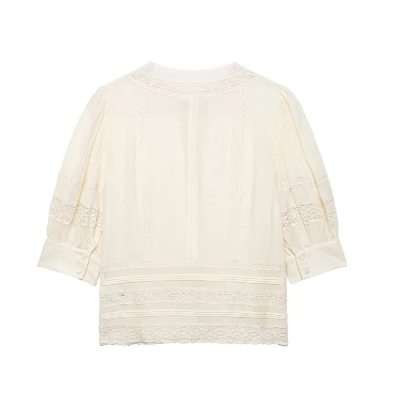 Women's Fashion Lace Romantic Style Shirt Women White Lace Trim Puff Sleeve Neck Button Front Casual Shirt For Daily Wear RJWE