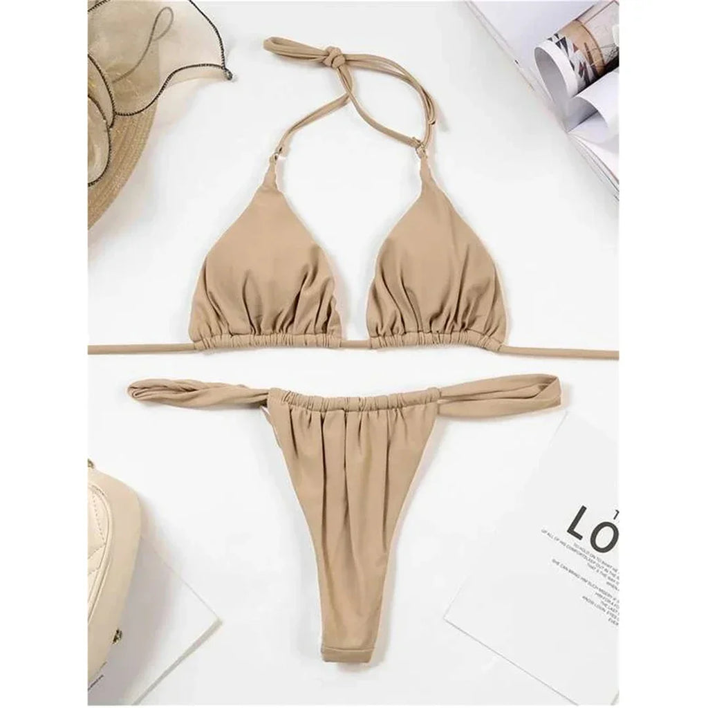 PU Pleated Ruched Bikinis Mini Micro Thong Bikini Women Swimwear Female Swimsuit Two-pieces Bikini Set Halter Bathing Suit Swim