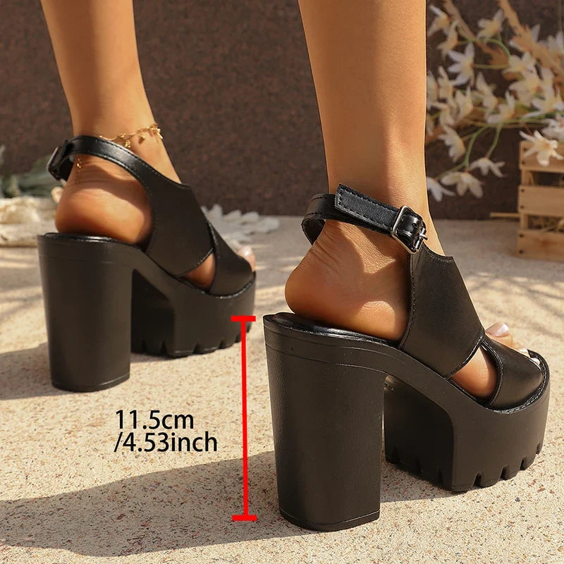 Black Peep Toe Thick High Heel Sandals Women Fashion Back Strap Chunky Platfrom Sandles Woman Plus Size Cross Strap Rome Sandals