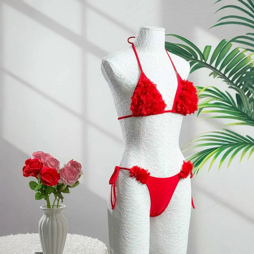 Women's Erotic Naughty Lingerie Sets Halter Neck 3D Mesh Flower Bra and Tie Up Thong