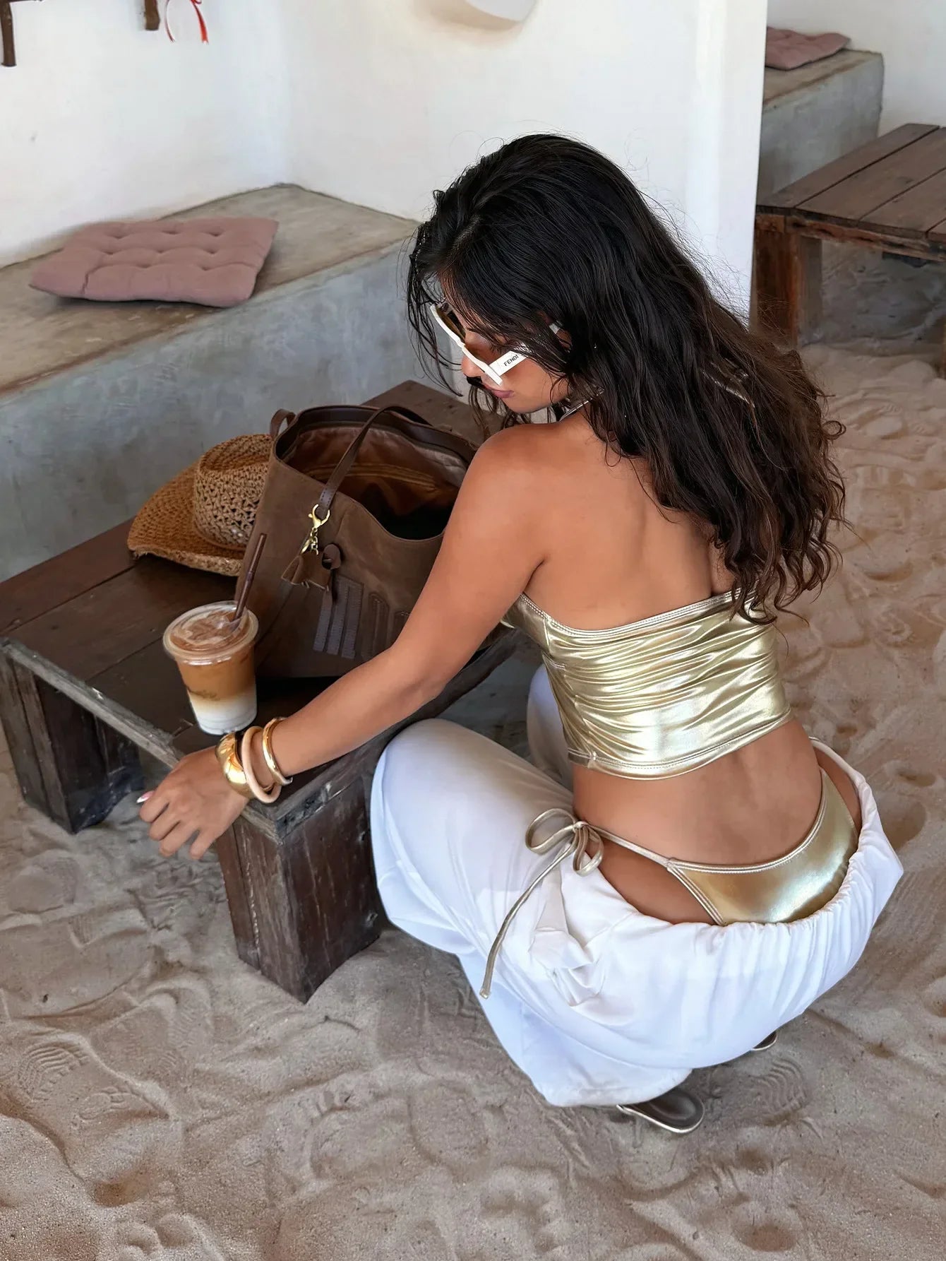 Sexy Gold Leather Micro Bikini 2026 Women Sexy Hollow Out Push Up Top Bandage Thong Swimsuit Summer Bathing Suit Hoiday Swimwear