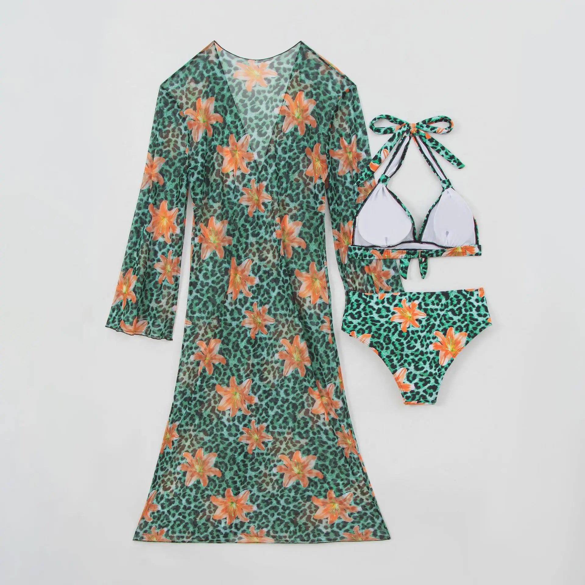 Blue Leopard Print Bikini Set Large Size Women Front Tie Push Up High Waist Swimsuit 2026 Long Sleeve Cover Up 3 Piece Swimsuit