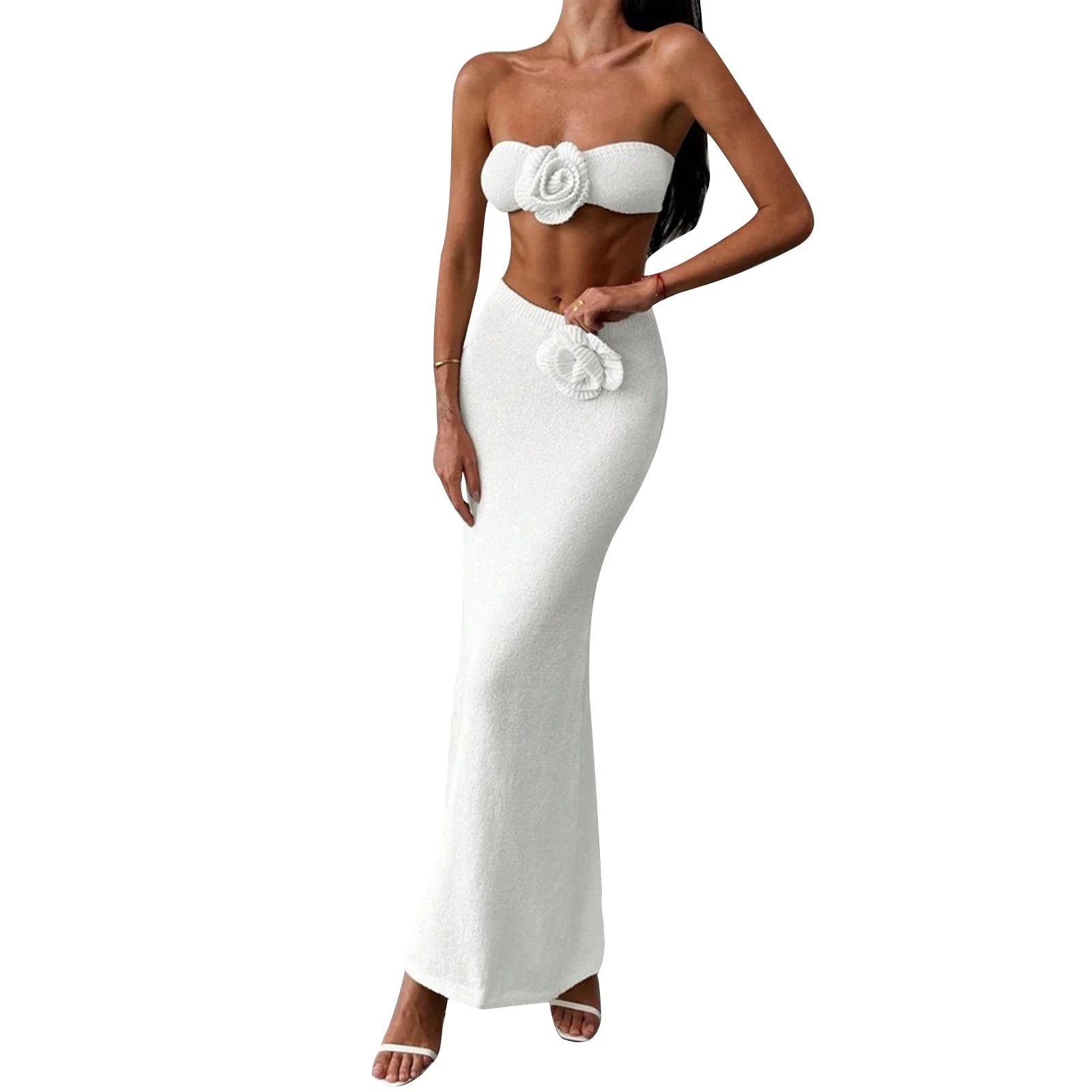 Women’s Two Piece Summer Outfits Solid Color Strapless 3D Flower Tube Tops and Long Skirt Set Knitted Holiday Beachwear