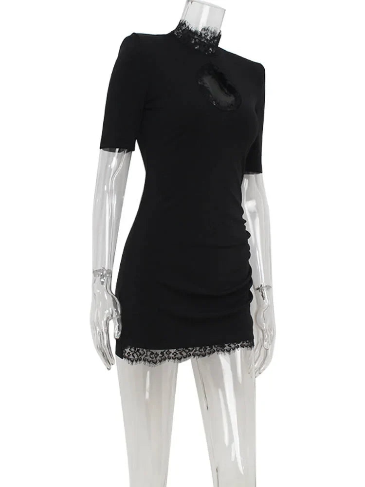 Ahagaga Sexy Sheath Women's Mini Dresses Solid Lace Turtleneck Slim Fit Bodycon Hollow Out Half Sleeves Streetwear Vestidos Robe