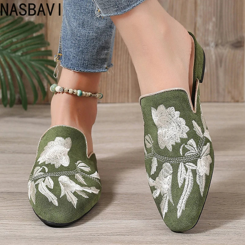 NASBAVI Fashion 3d Embroidery Mules Women Fur Slippers Velvet Shoes Ladies Low Heel Flower Decoration Sandals Women's Flip Flops