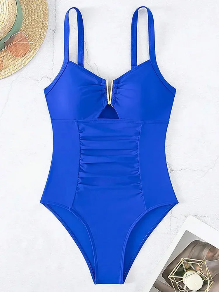 U Shaped Pleated Swimsuits Female Swimwear One Piece Swimsuit Women Monokini High Cut Bathing Suit Swim Beachwear Slim Bodysuit