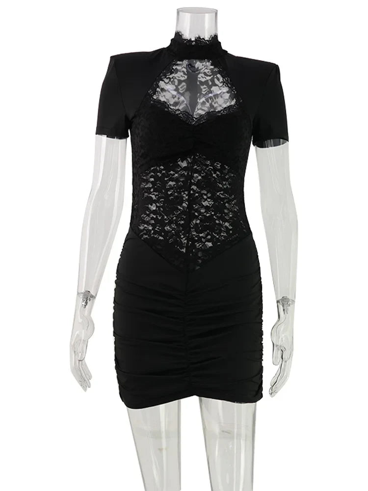 Ahagaga Sexy Patchwork Dresses For Women Short Sleeves Sheath Pleated Slim Fit Hollow Out Lace Basic Trend Streetwear Vestidos
