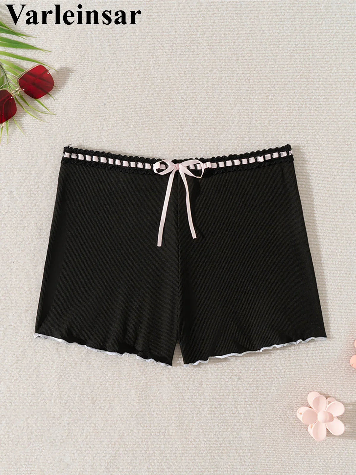 XS - L Bow Mini Shorts Ribbed Bikini Bottom Swim Brief Women Swimwear Female Bather Brazilian Tanga Panties Underwear V6538