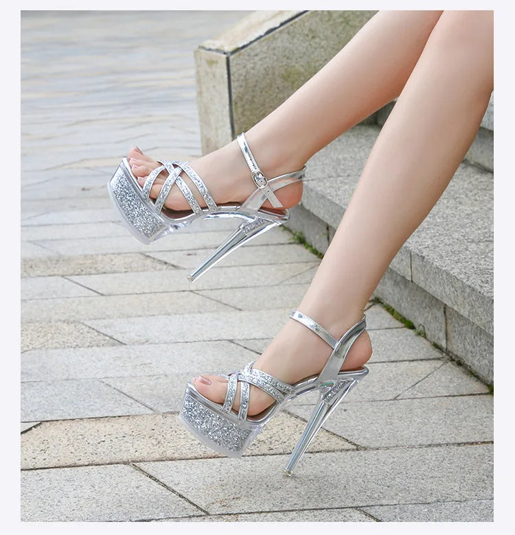 2026 New Silver Narrowband Women's Sandals 14CM Party Banquet Dress Shoes Summer Stiletto Nightclub Platform Crystal High Heels