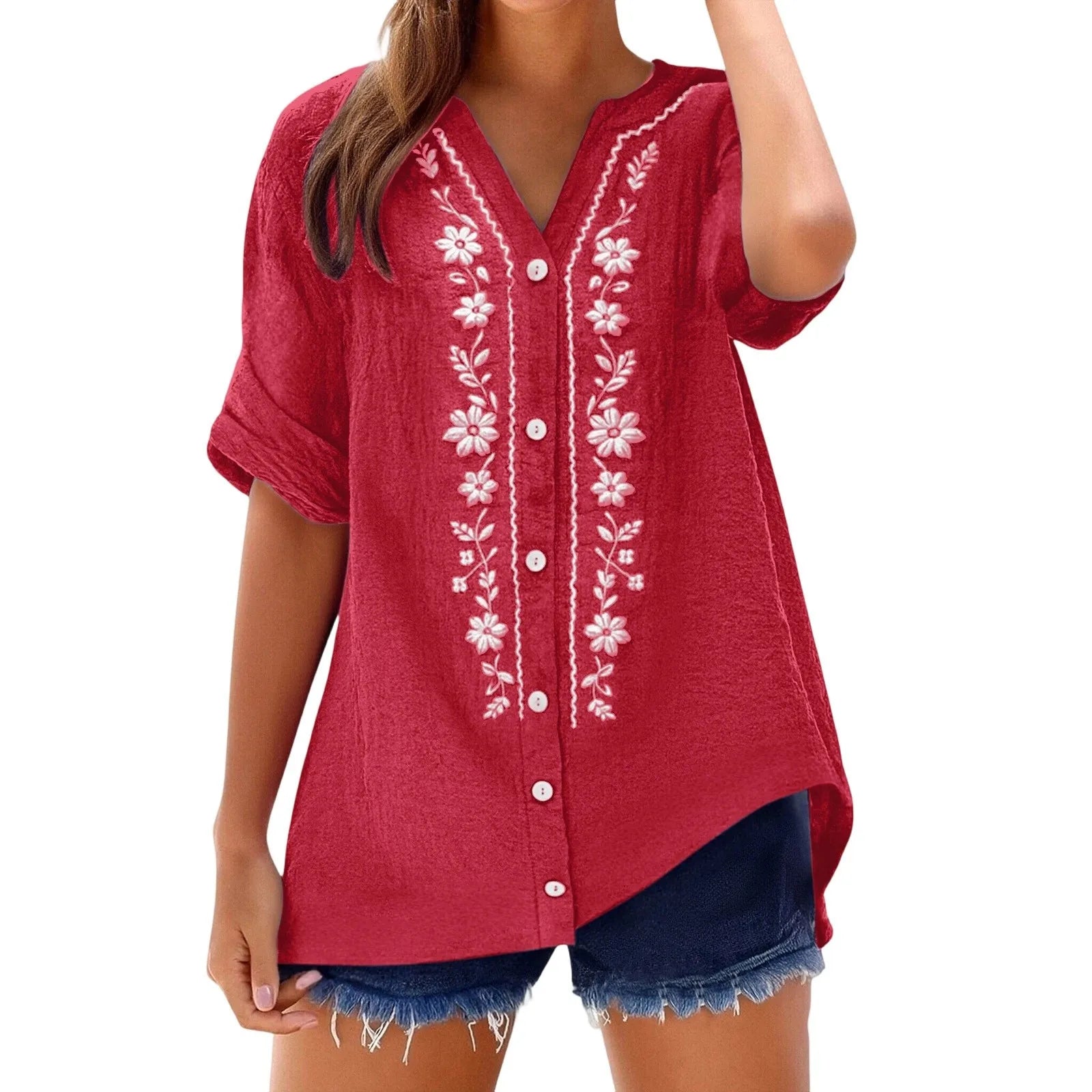 Womens V Neck Embroidered Linen Tunic Shirt Roll Up Sleeve Button Down Loose Fit Casual Boho Blouse Vintage Summer Beach Shirts
