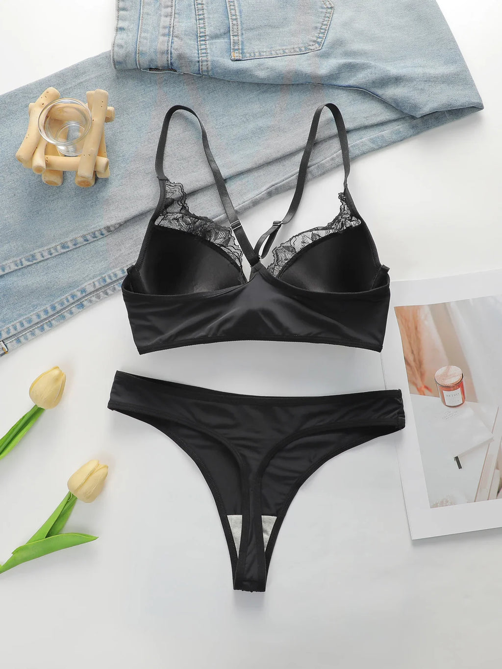 Ladies' Black Front Dutton Beautiful Back With Steel RingLlace Sexy Bra Underwear Thong Underwear Set J2509