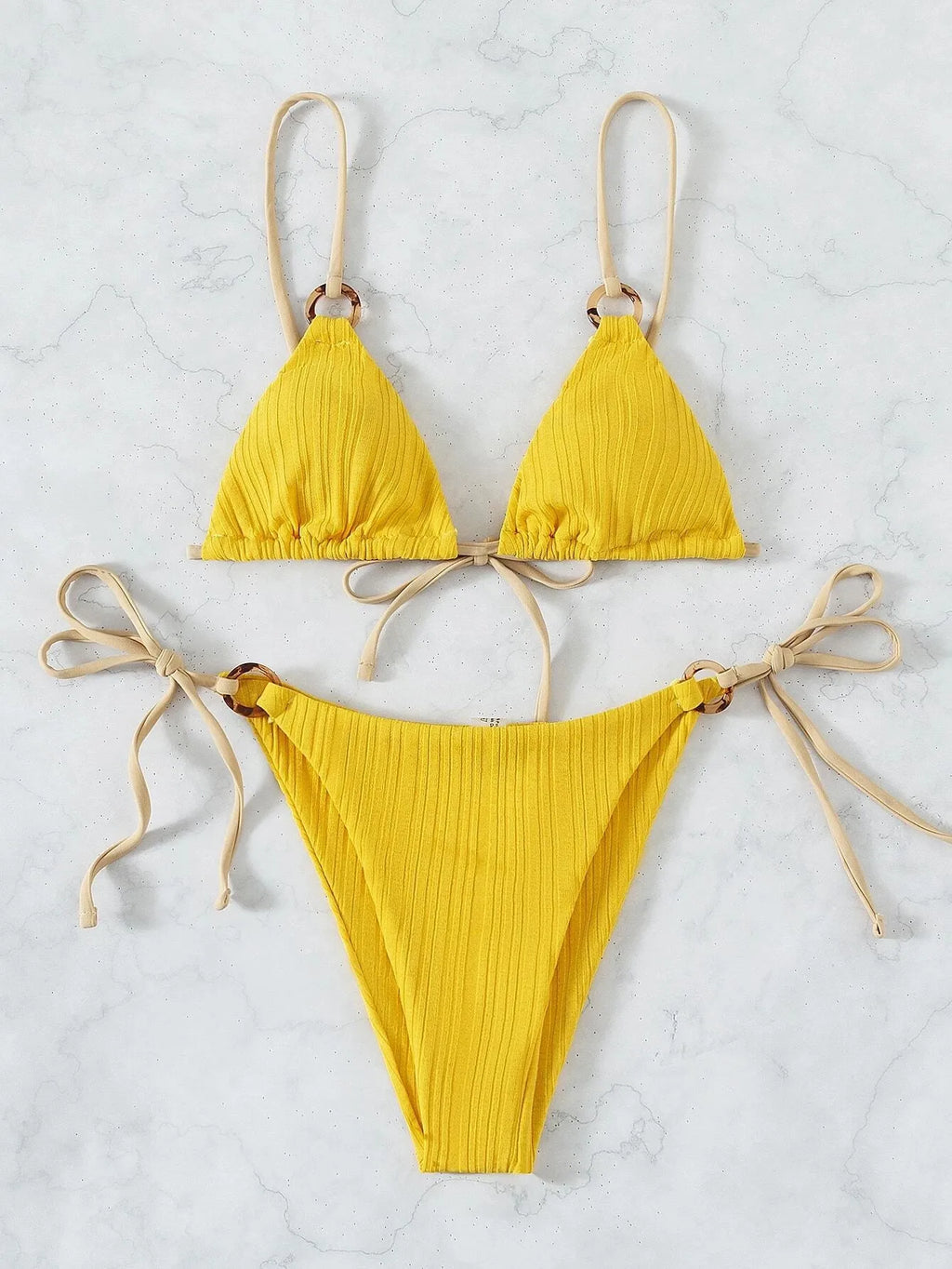 Sexy Rib Texture Triangle String Bikini Set Women Push Up Padded Thong Swimsuit Female Cut Out Bathing Suit Swimwear Biquini