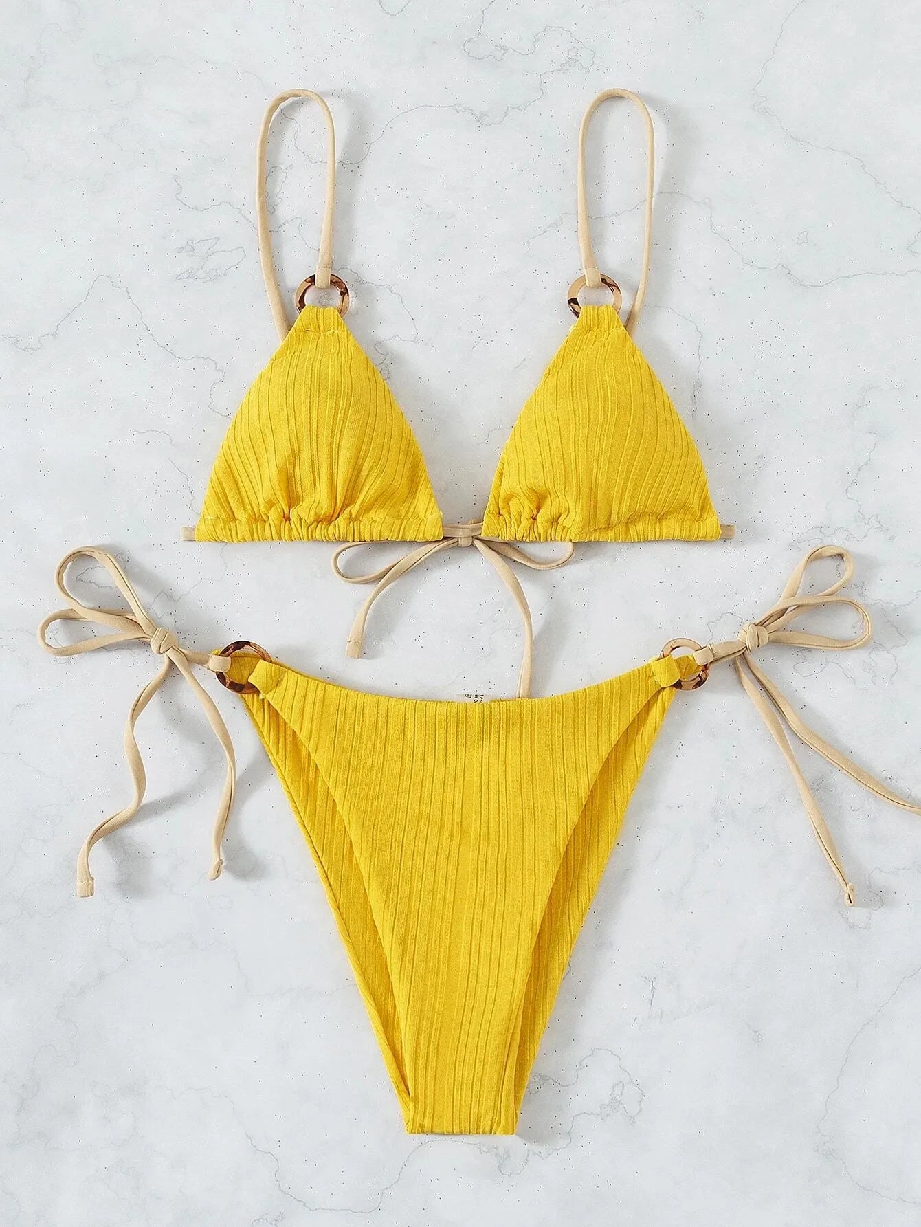 Sexy Rib Texture Triangle String Bikini Set Women Push Up Padded Thong Swimsuit Female Cut Out Bathing Suit Swimwear Biquini