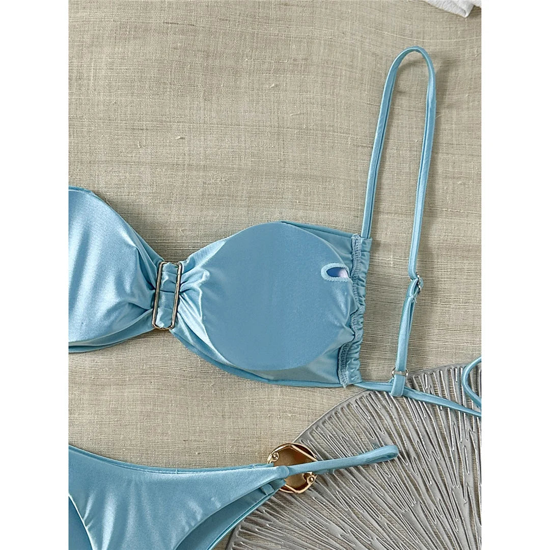 Sexy Metal Ring Bikini Women Swimwear Female Swimsuit Two-Pieces Bikini Set High Cut Leg Padded Bather Bathing Suit Swim V8311