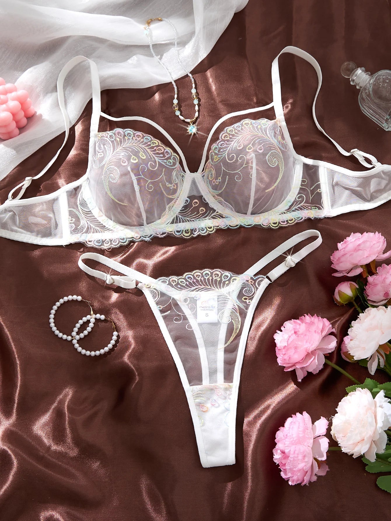 White Iridescent Peacock Feather Embroidered Lace Bra and Panty Set Women Sexy Sheer Mesh Underwear Two Piece