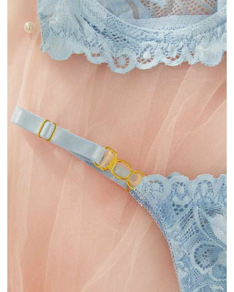 Toucheart Adult Sexy Lingerie Set Low-Cut Breast-Exposing Lace Embroidery See-Through Sexy Open-Back No-Removal Wear Underwear