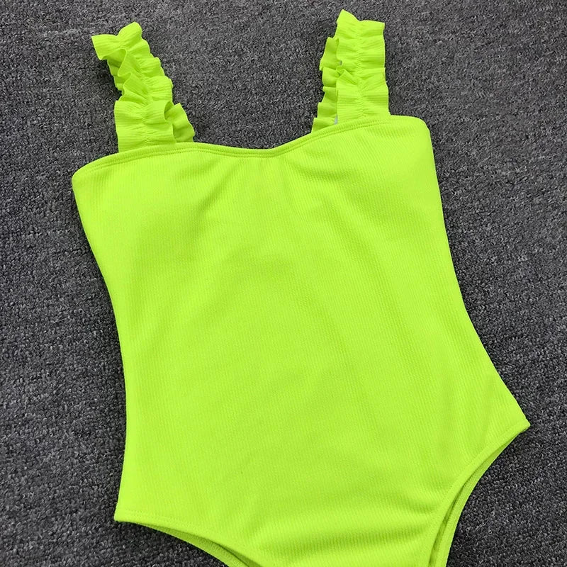 Ribbed Ruffled Frilled Trim Female Swimwear One Piece Swimsuit Women Monokini High Leg Cut Bathing Suit Swim Bodysuit Beach Wear