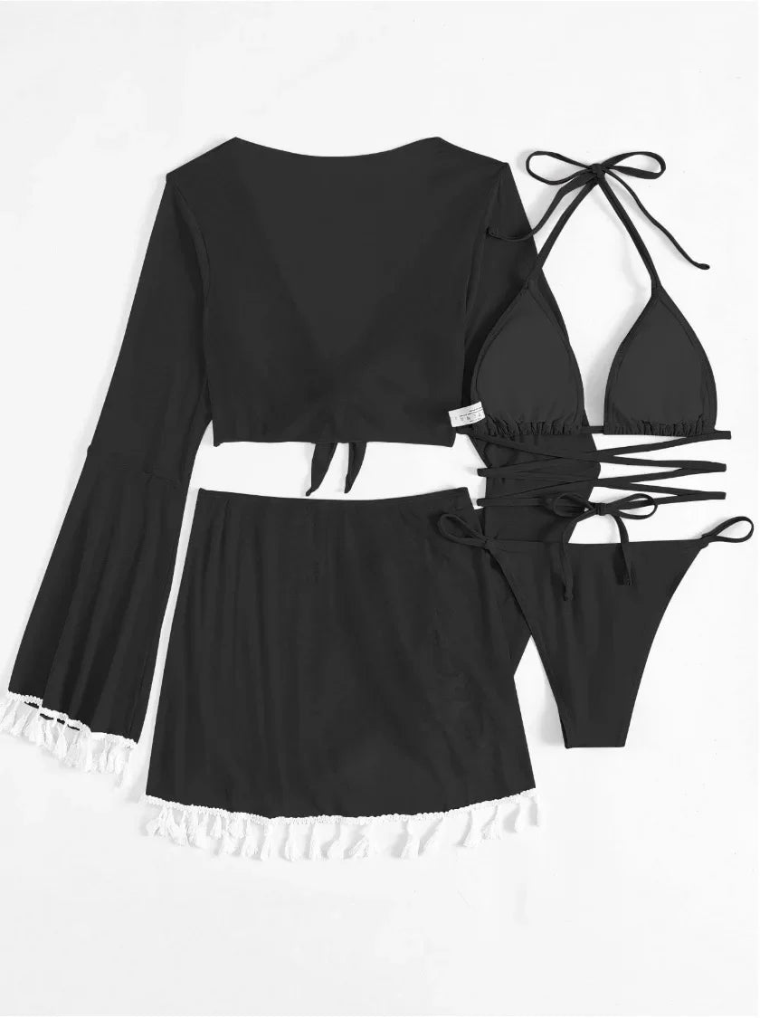 sexy 4pcs boho tassels trim bikinis sets ladies padded bikini set +cover up tops skirts beachwear bathing suit biquini monokini