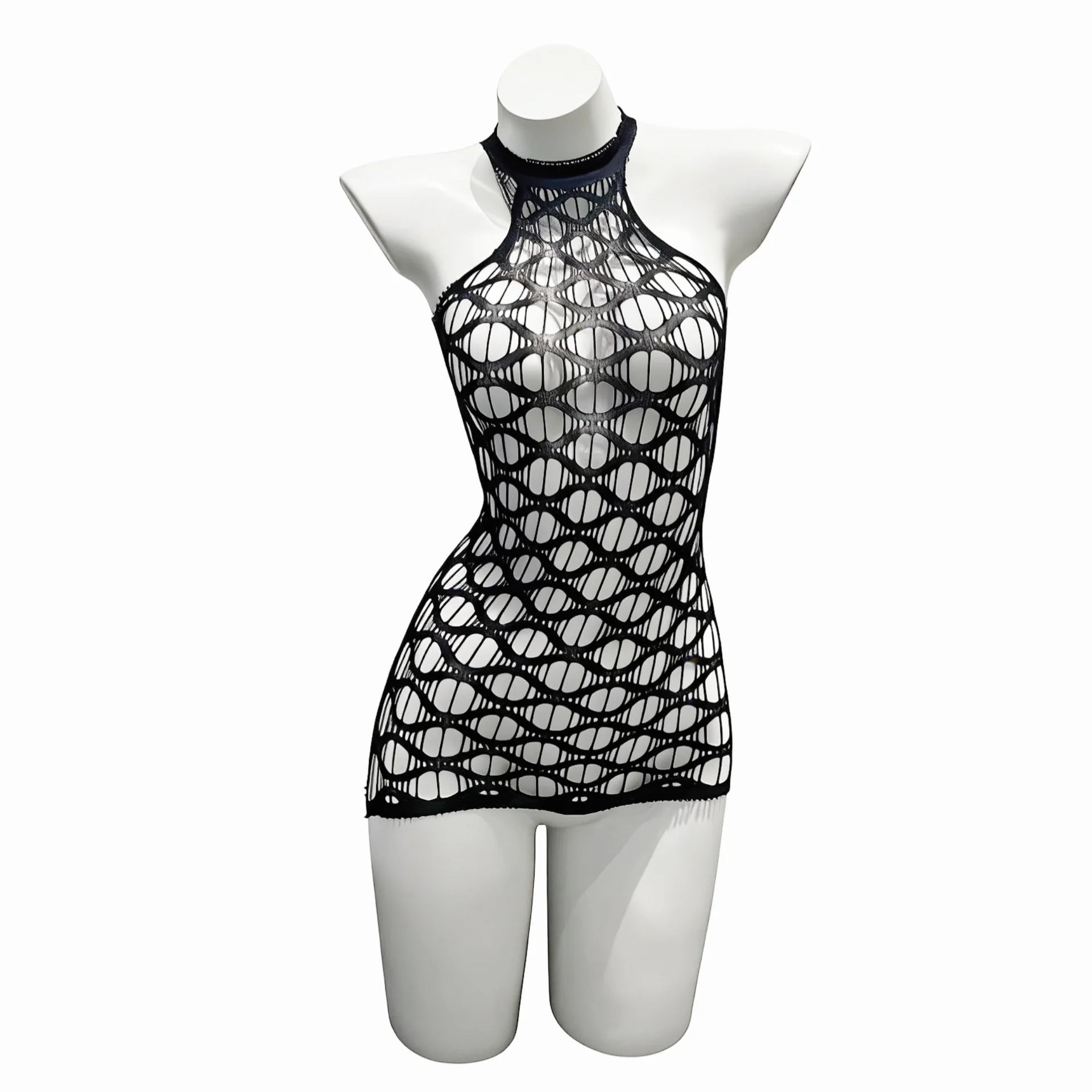 Sexy Mesh Halter Neck Hollow Out Open Crotch Dress With Exposed Chest And Sheer For Women Off-the-shoulder Mini Dress Charm RCIJ
