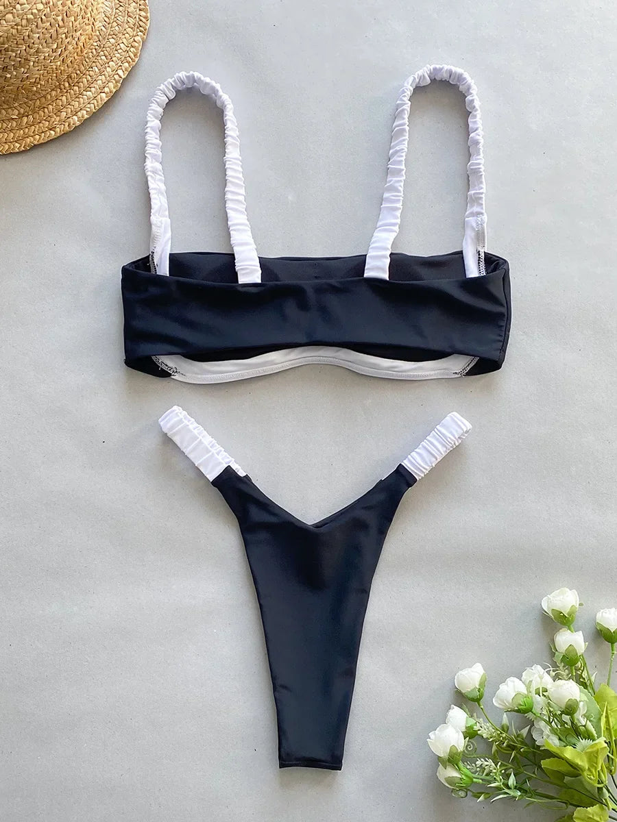 Splicing Micro Thong Bikini Women Bandeau Swimwear Female Swimsuit Two-pieces Bikini Set High Cut Bather Bathing Suit Swim Lady