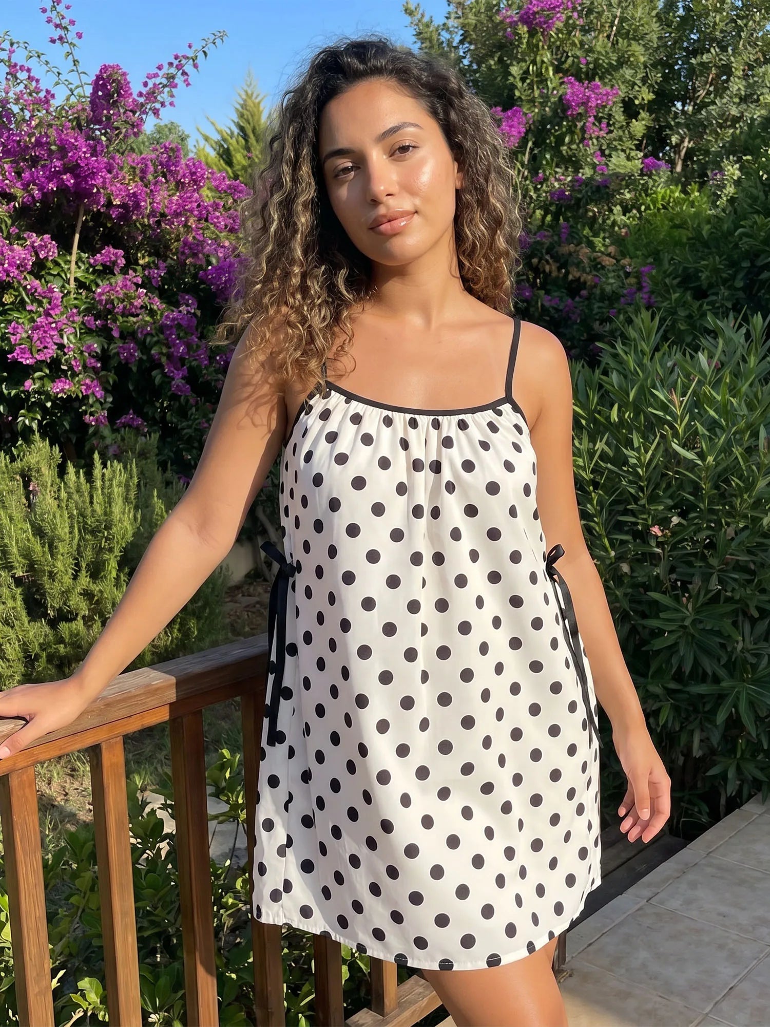 2026 Summer Women's Loose Fit Cami Dress Spaghetti Strap Flowy Mini Dress Dot/Striped Party Bohemian Holiday Sundress