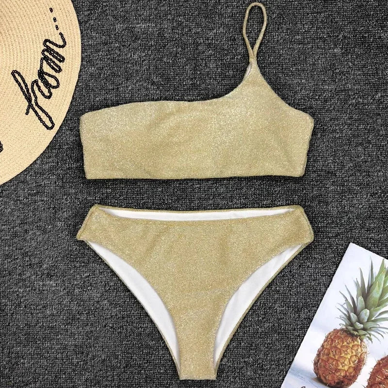 Sexy Shiny Sparkling One Shoulder Bikini Female Swimsuit Women Swimwear Two-pieces Bikini Set High Waist Bathing Suit Swim Lady