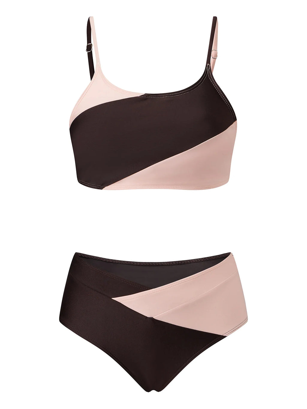 Women's Two Piece Bathing Suits Sleeveless Contrast Color Cami Tops High Waist Thong Sets Summer Holiday Bikini Sets