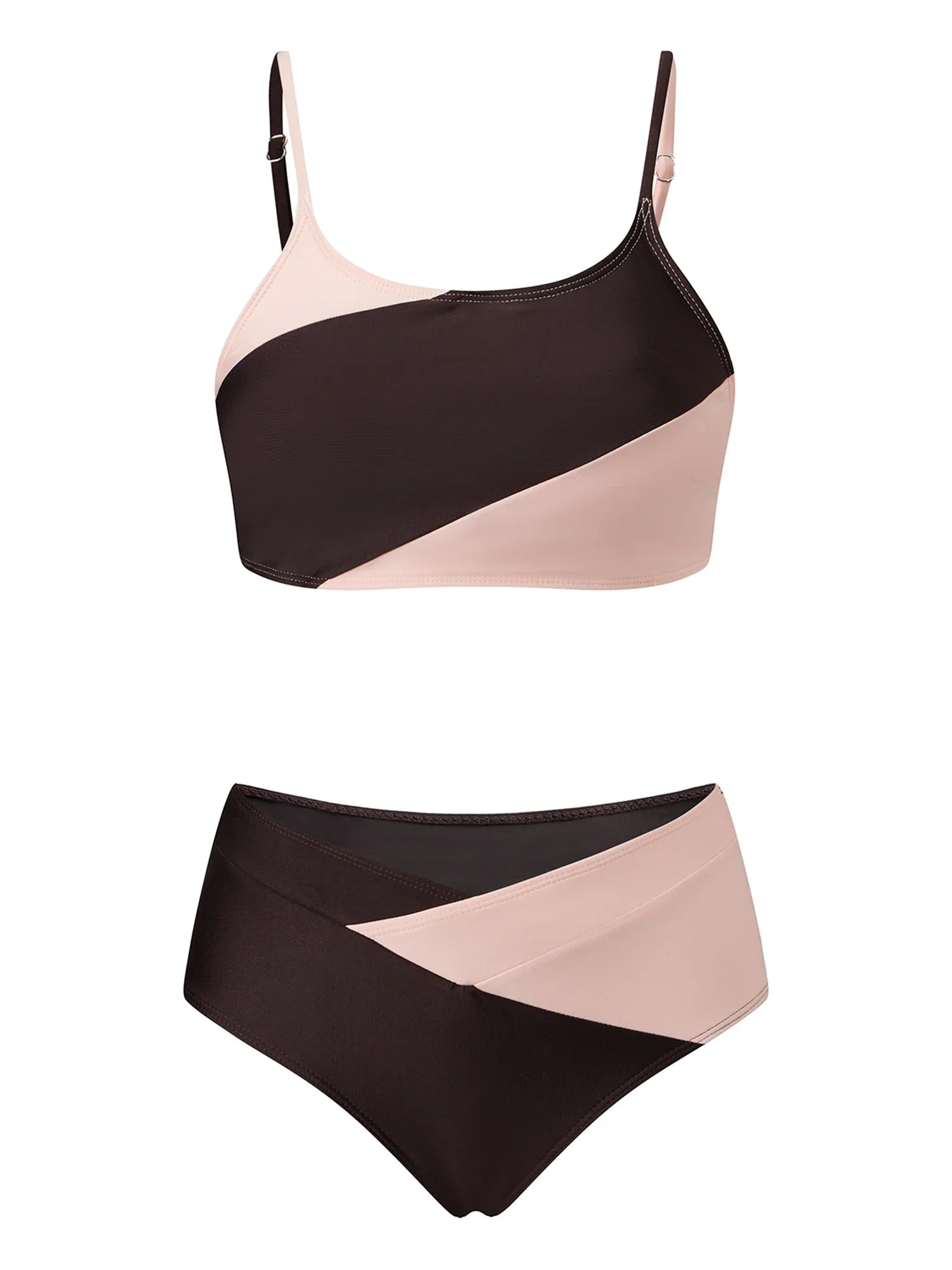 Women's Two Piece Bathing Suits Sleeveless Contrast Color Cami Tops High Waist Thong Sets Summer Holiday Bikini Sets