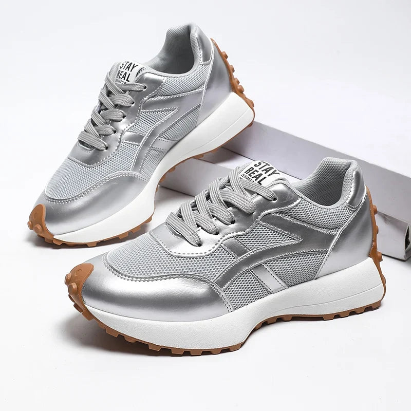 Fashion Thick Sole Silver Sneakers Women 2026 Plus Size 43 Breathable Platform Sport Shoes Woman Anti Slip Lace Up Running Shoes