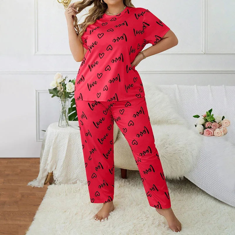 Plus Size 3XL 4XL 5XL Sleepwear Women's Heart Letters Print Pajamas Set Casual Short-Sleeve Top and Pants Loungewear