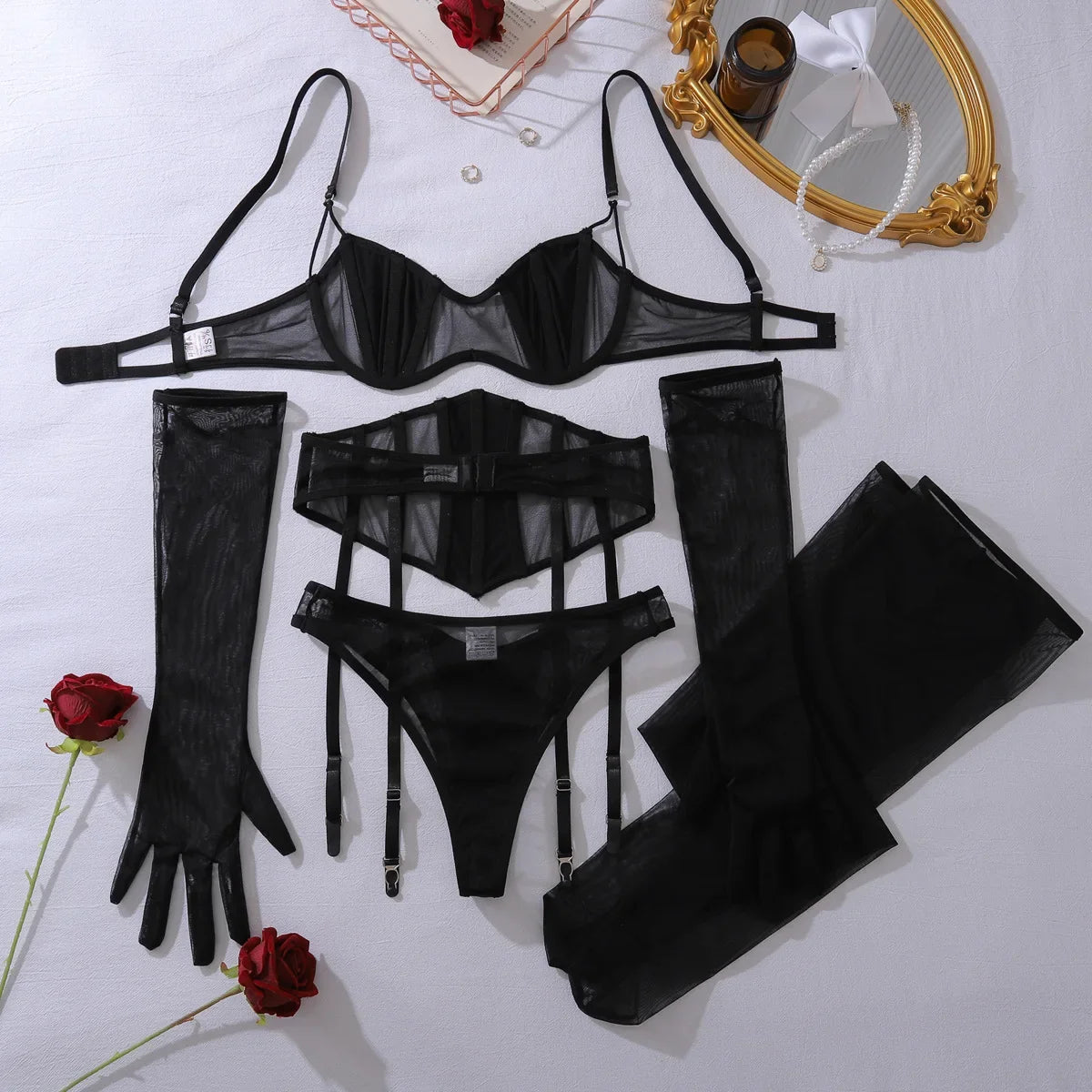 Toucheart Erotic Lingerie black Thin model see-through mesh Patchwork Body shaping gather together pure desire 5PCS with Gloves
