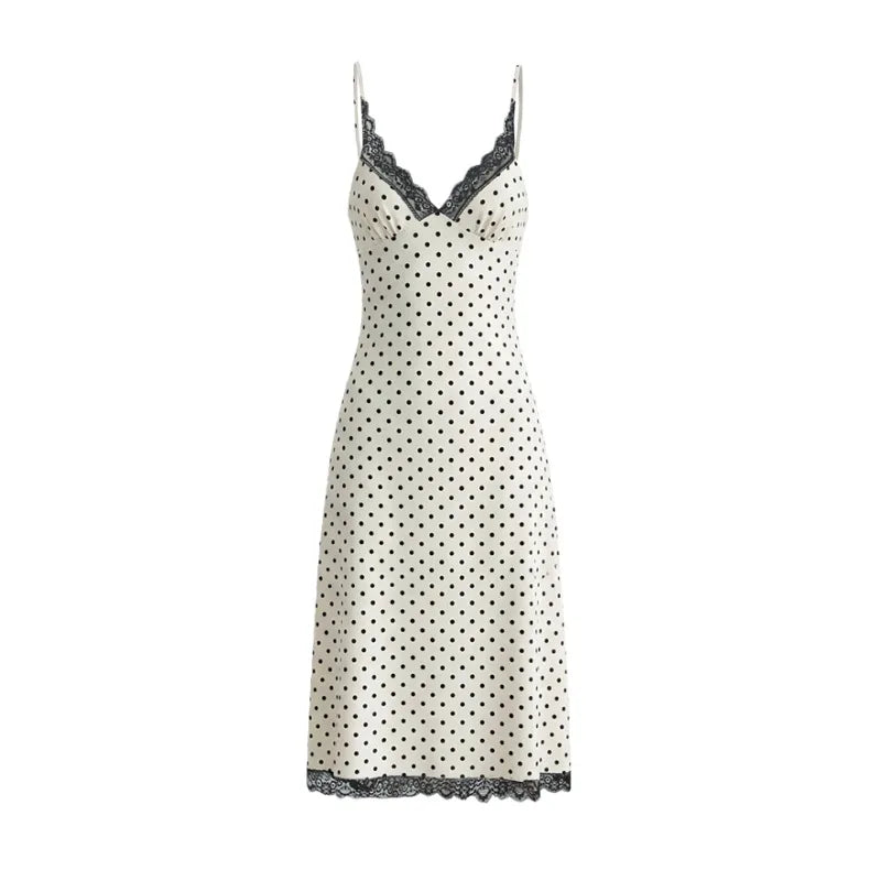 Style Lace Trim Spliced Camisole Dress For Women Polka Dot Print Vacation Beach Long Dress Backless Deep V Sleeveless Dress 82UF