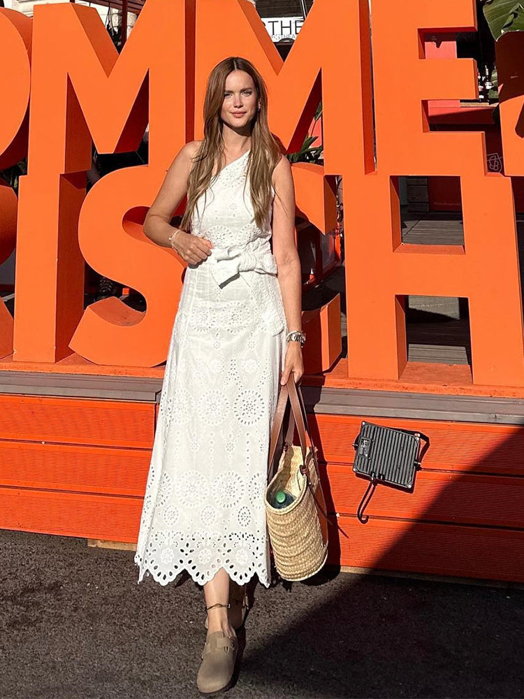 Foridol White One Shoulder Autumn Cotton Dress Women Winter Casual Dress Vestidos Maxi New Embroidery Boho Beach Dress Holiday