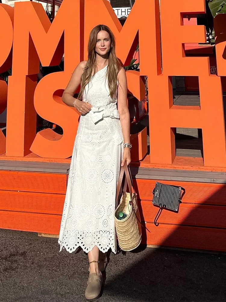 Foridol White One Shoulder Autumn Cotton Dress Women Winter Casual Dress Vestidos Maxi New Embroidery Boho Beach Dress Holiday