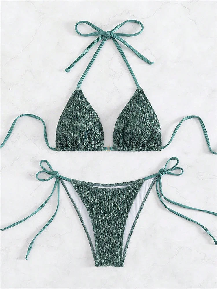 Sexy Green 2 Piece Bikinis Sets Women Halter Metal Stap Push Up Swimsuit 2024 Summer Lace Up Beach Bathing Suit Thong Swimwear