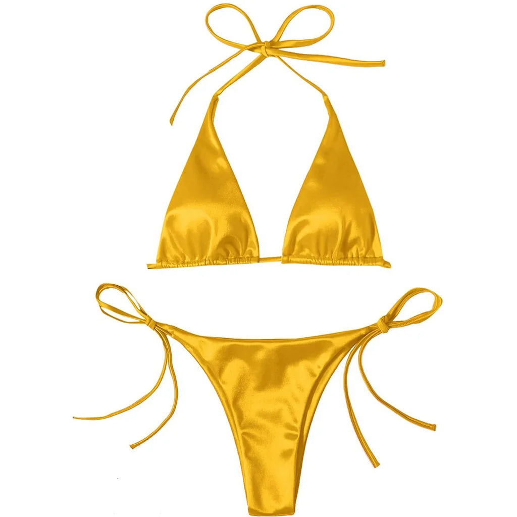 Sexy Satin Halter Brazilian Padded Bikini Female Swimsuit Women Swimwear Two-Pieces Bikini Set Bather Bathing Suit Swim V4966S