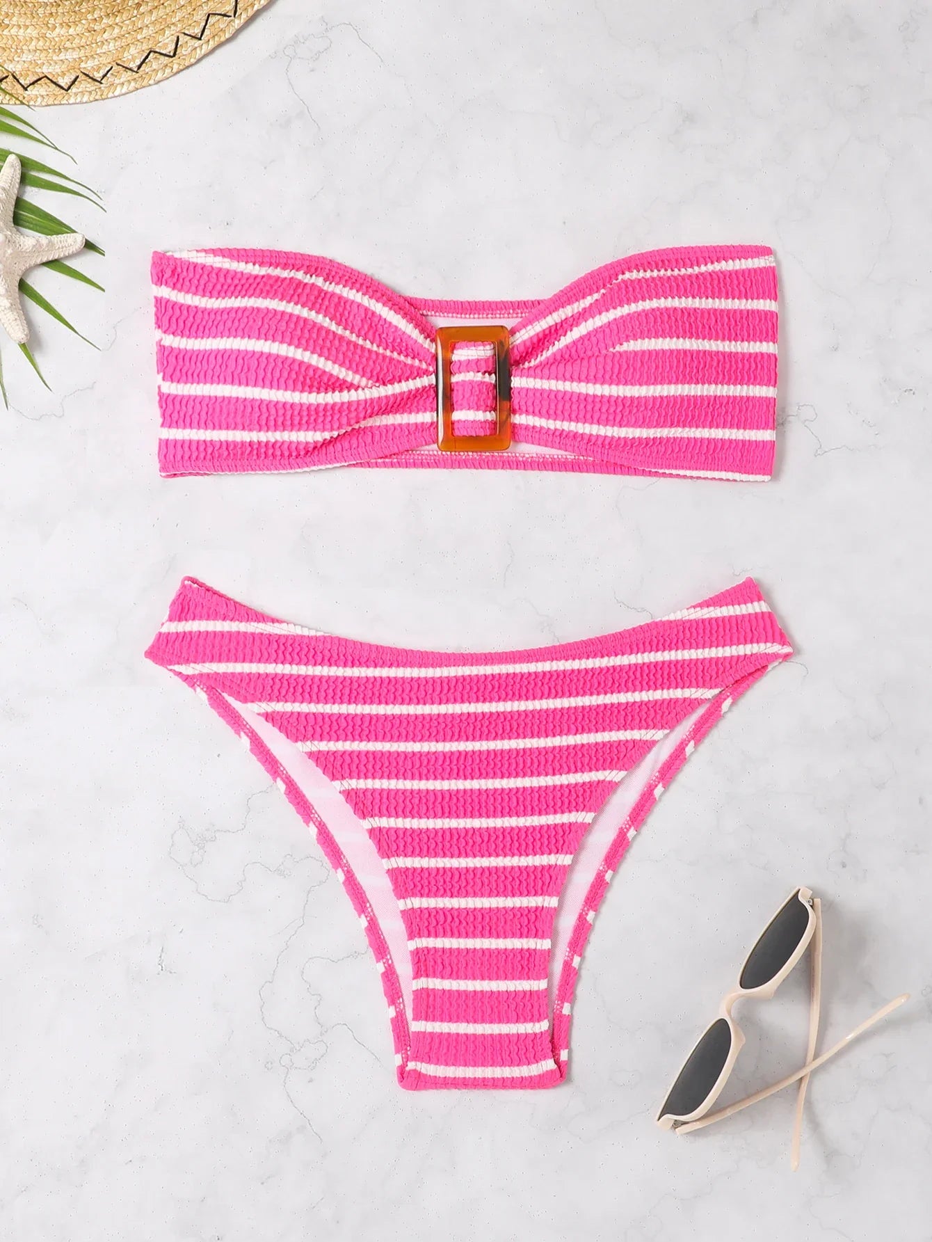 Striped Textured Bandeau Bikinis 2025 Women Sexy Swimsuit Push Up Swimwear Female Bathing Suit Swimming Summer Beachwear