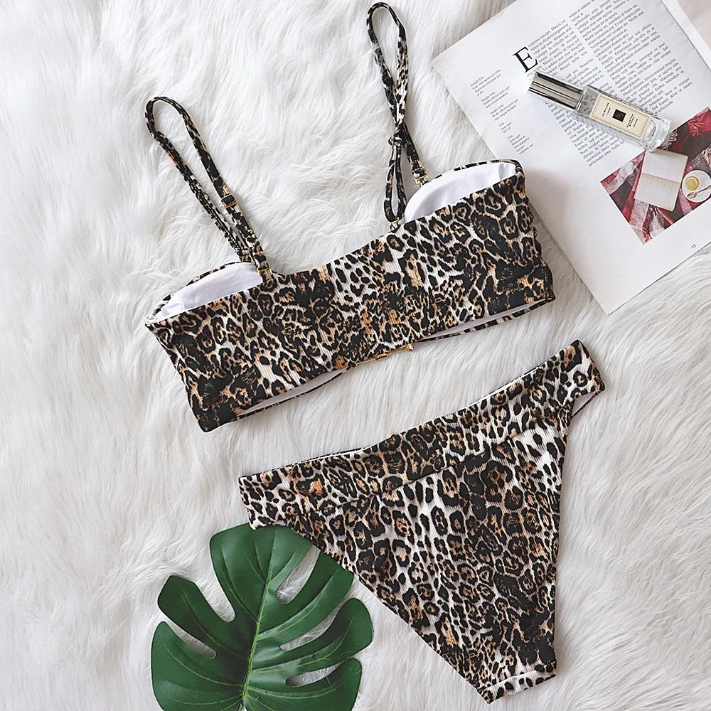 9 Colors Sexy Bikini Women Swimwear Swimsuit High Waist Metal Decor Leopard Print Female Bikinis Set Bathing Suit Beach Biquinis