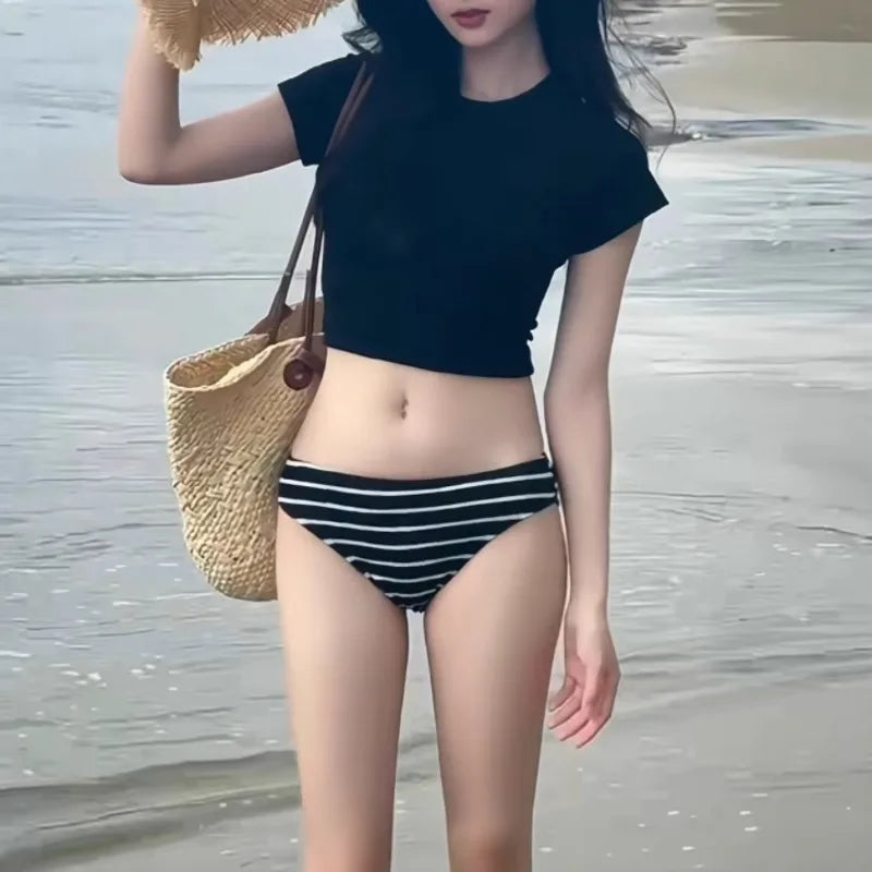 New Bikini Three Piece Set with Short Sleeves for Slimming and Sexy Swimsuit for Women's Vacation Beach Swimsuit