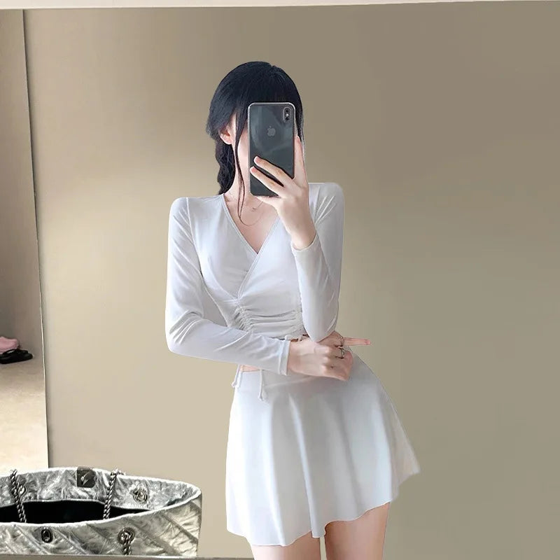 Split Swimsuit Women's Two-piece Solid Color Skirt Style Fairy Style Long Sleeved Sunscreen Sports Flat Pants Swimsuit