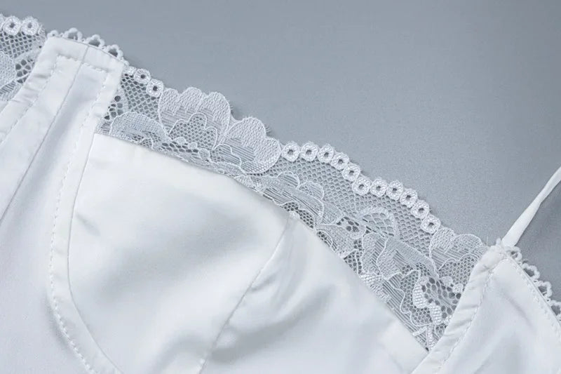 FDYOUI Women's Lace Patchwork White Wedding Party Dresses Sexy Spaghetti Strap Backless Skinny Mini Evening Prom Dress Clubwear